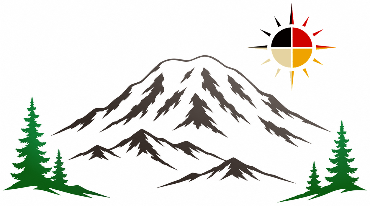 Mount Rainier with evergreens and a medicine wheel sun